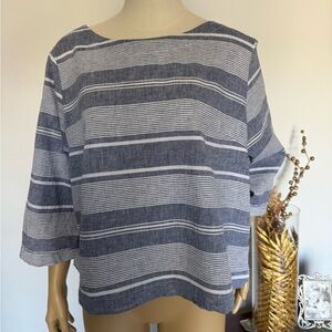 Sigrid Olsen Striped Blue and White Linen/cotton top. Prp23”,length 22”